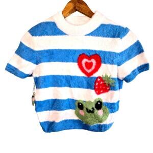 Size Large Sweet Society Blue & White Fuzzy Frog Crop Top NWT